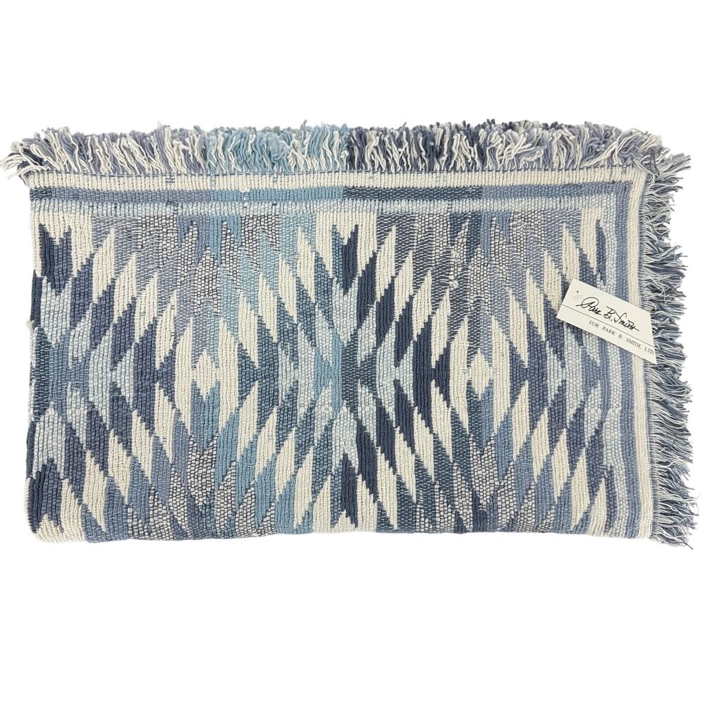 Vtg Park B Smith Cotton Handwoven Rug 30 x 48 Blue Fringe Diamonds Fiesta 2